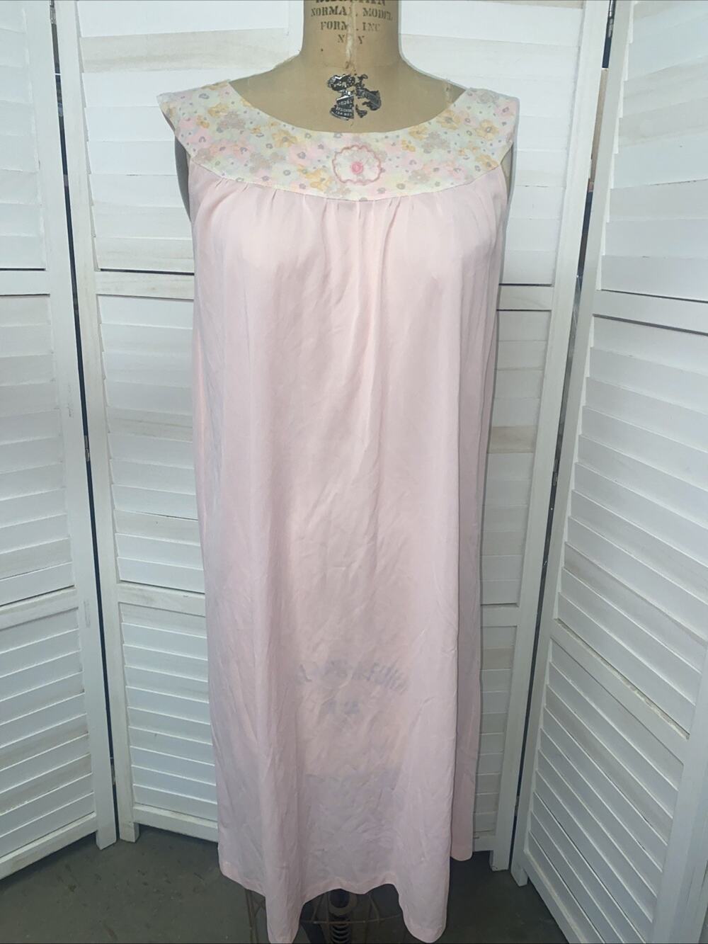 Handmade 60s Nylon Pink Floral Lingerie Nightdress Nightgown Sleeveless Large
